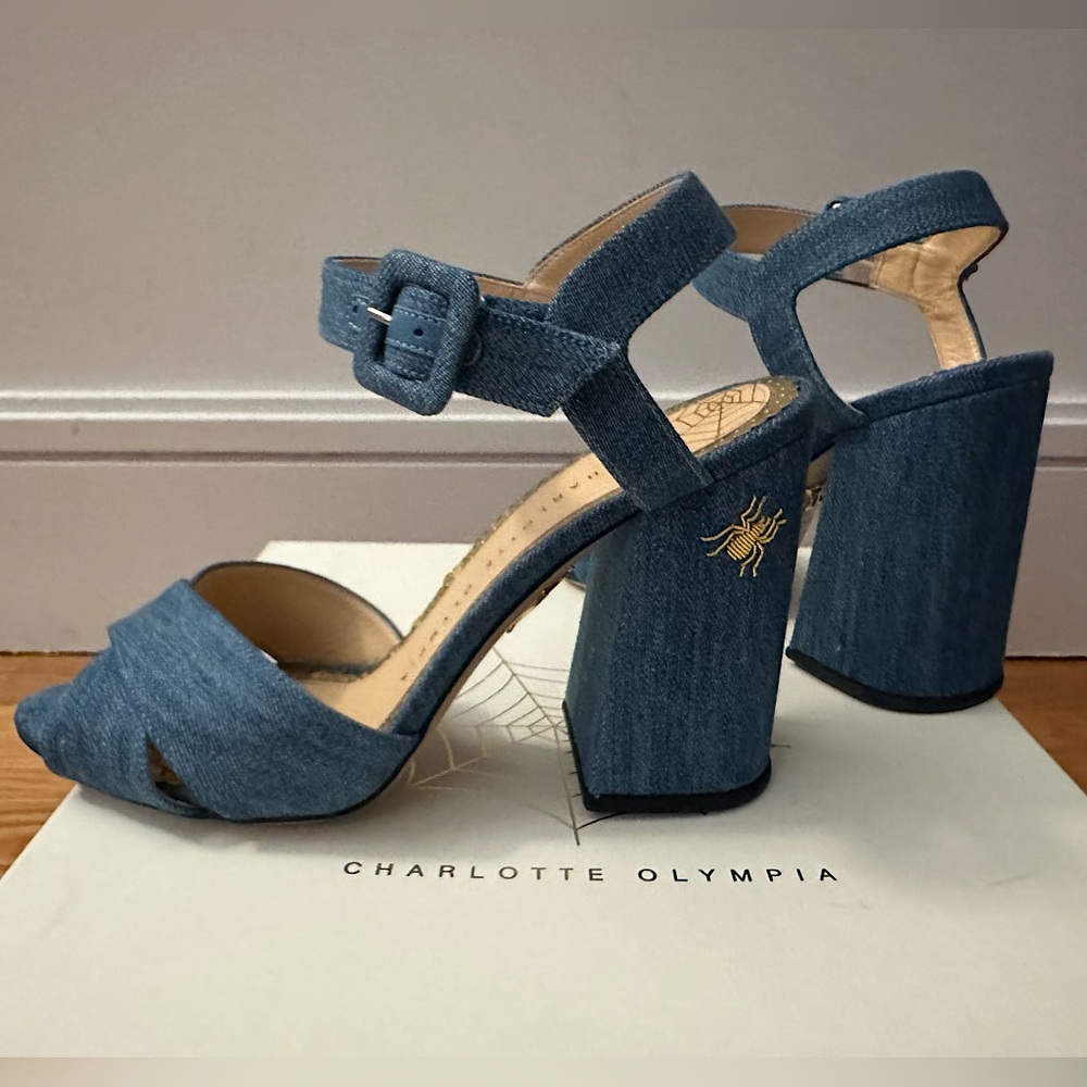 Charlotte Olympia Blue Denim Ankle Strap Heels with Chunky Block Heel